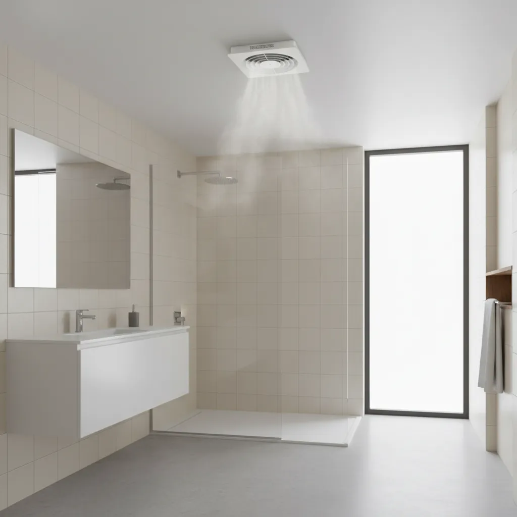 Modern bathroom ventilation fan and clean ivory tile walls preventing humidity buildup