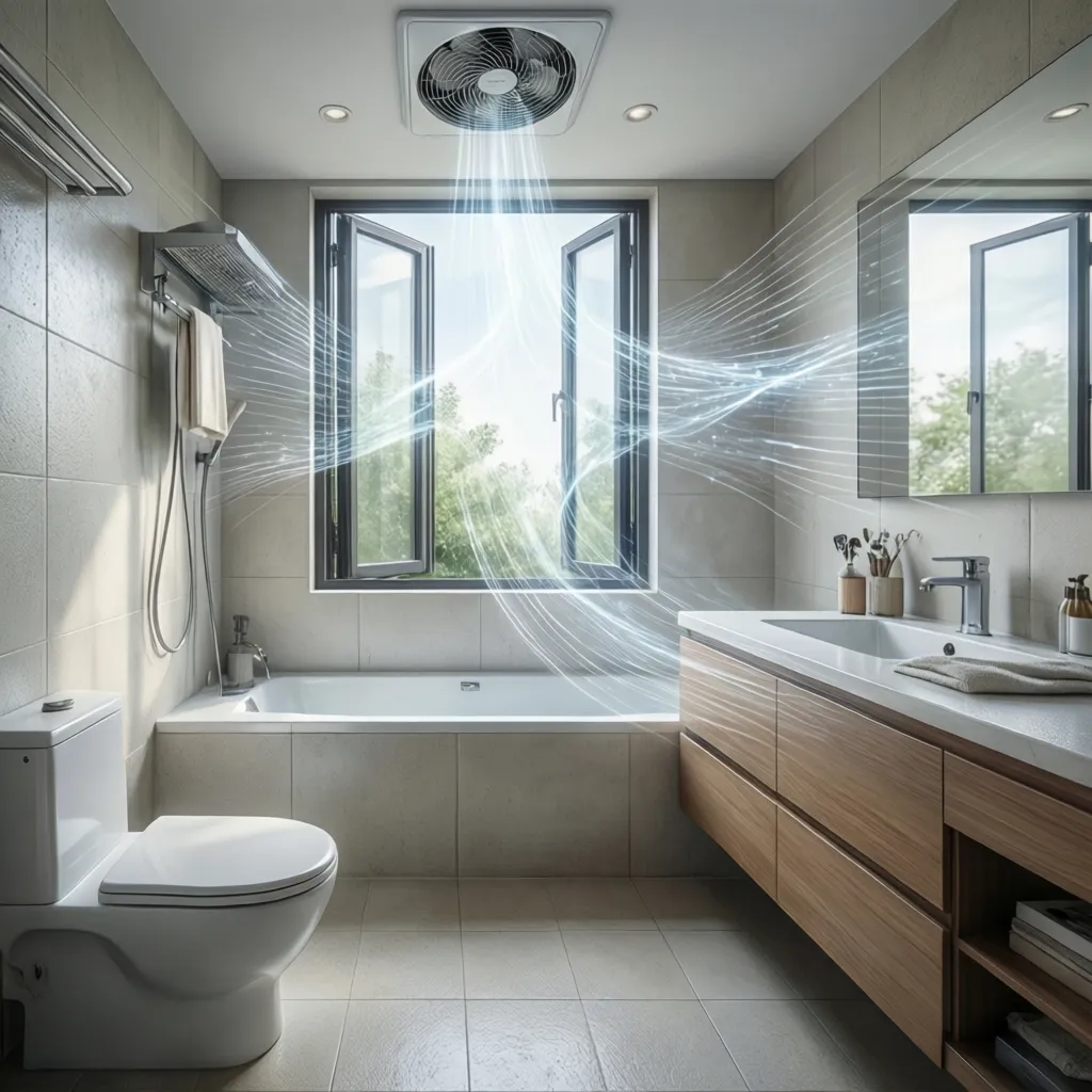 well ventilated modern bathroom with airflow reducing humidity and mosquito activity
