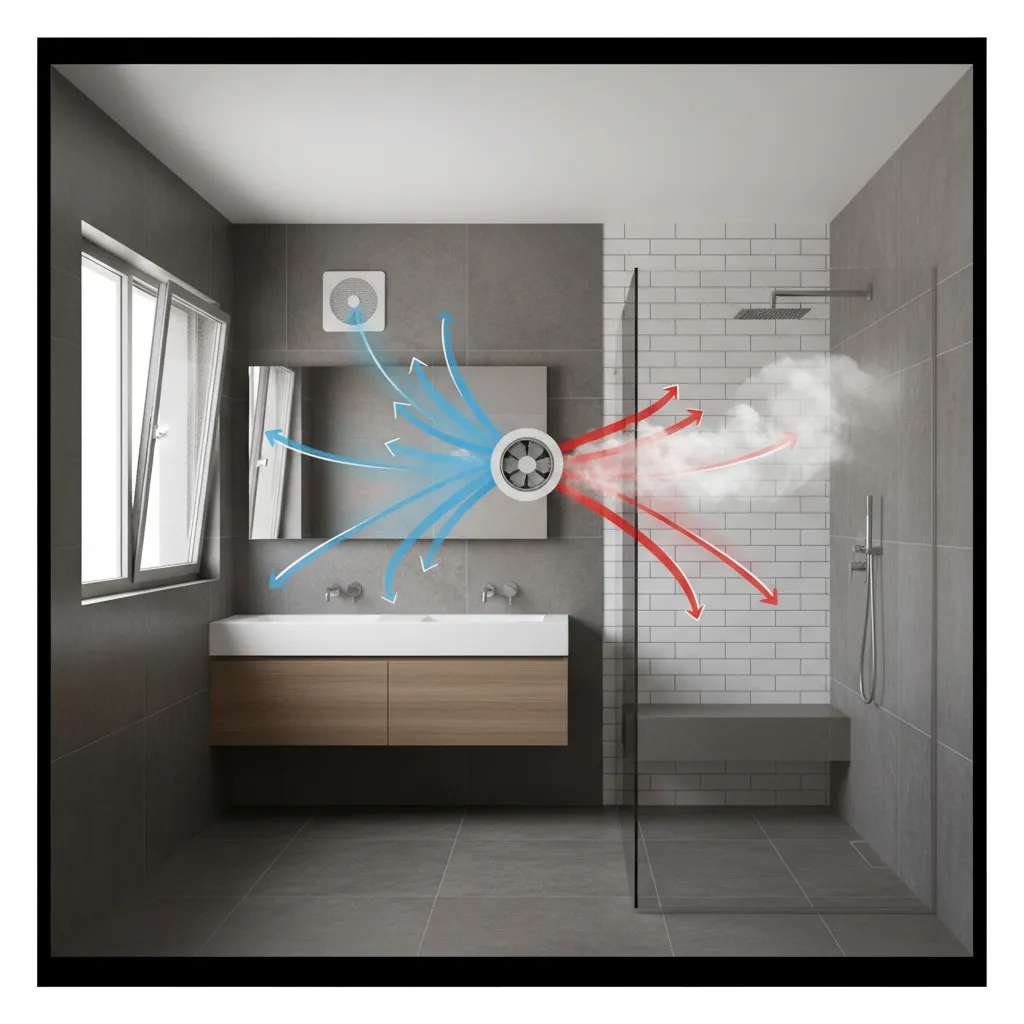 Bathroom ventilation concept showing window airflow and exhaust fan