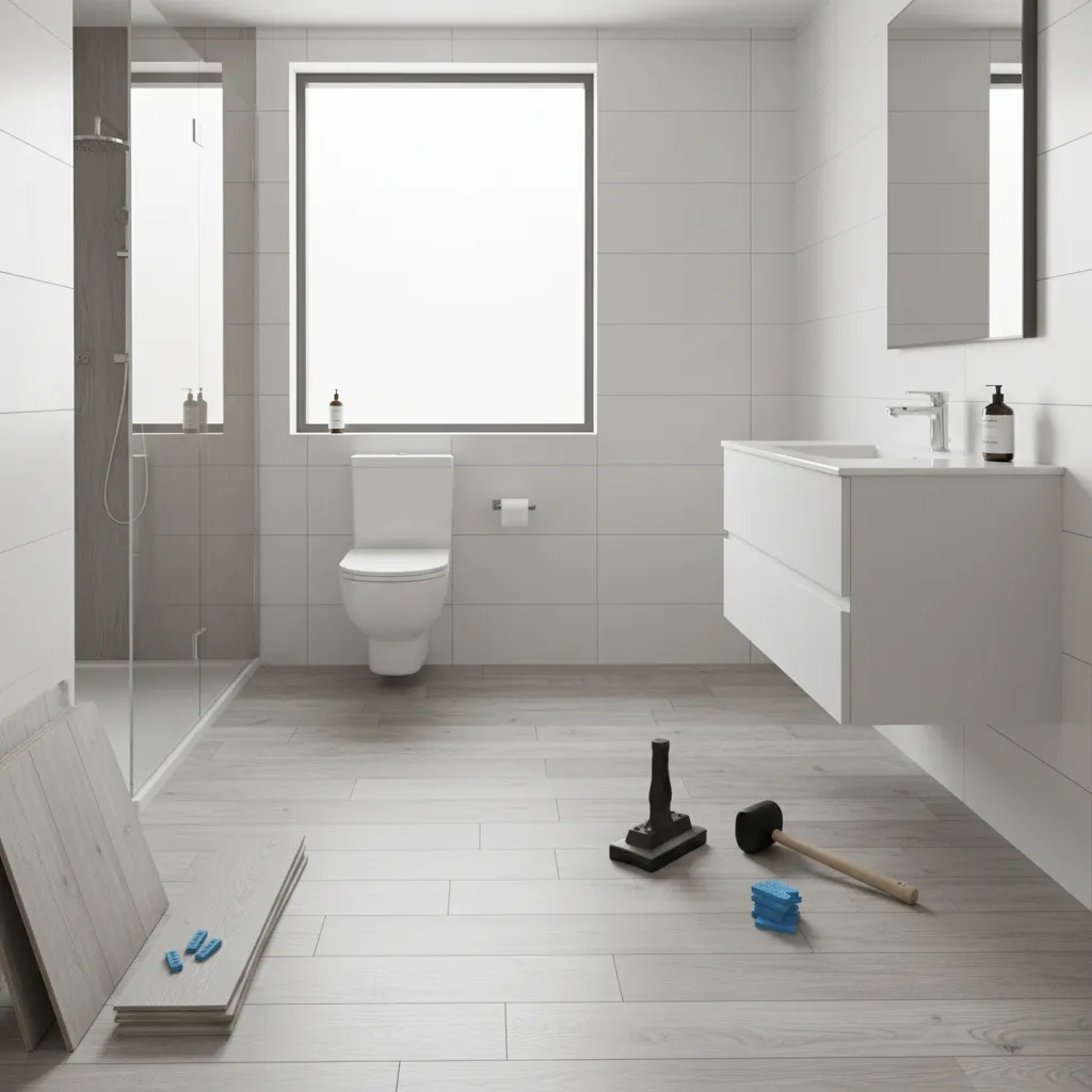 DIY bathroom flooring installation with vinyl planks and tools on the floor