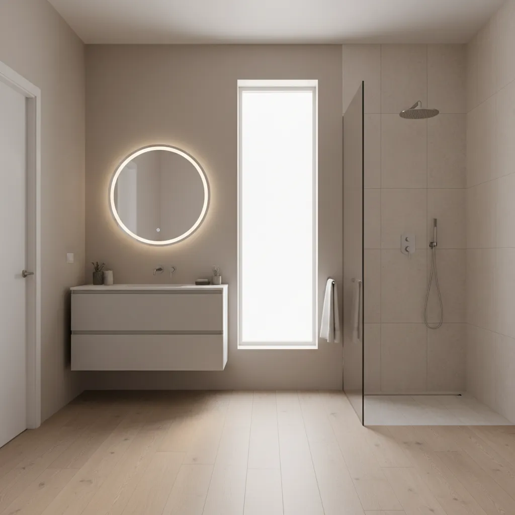 finished bathroom with waterproof vinyl plank floating floor