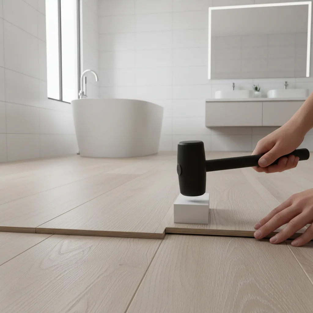 Repairing gaps between vinyl plank flooring in a bathroom using tapping block