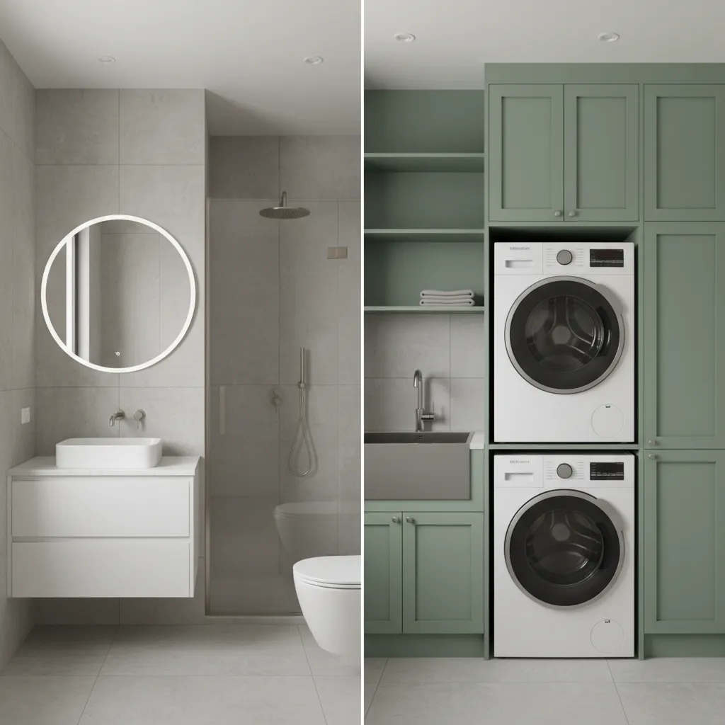 Modern bathroom transformed into a green laundry room with sink and stacked white washing machines