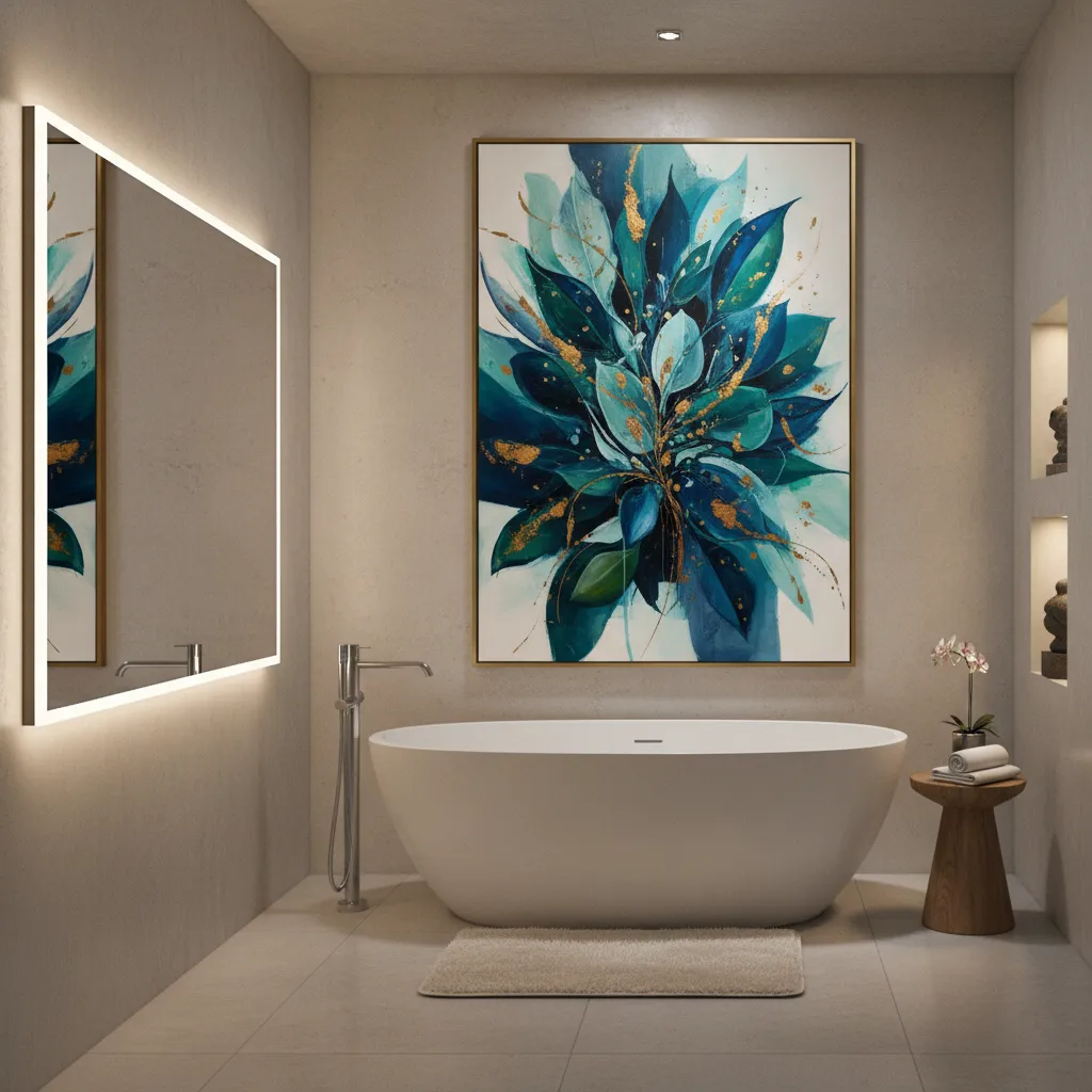 bathroom decor with blue and green acrylic painting color palette