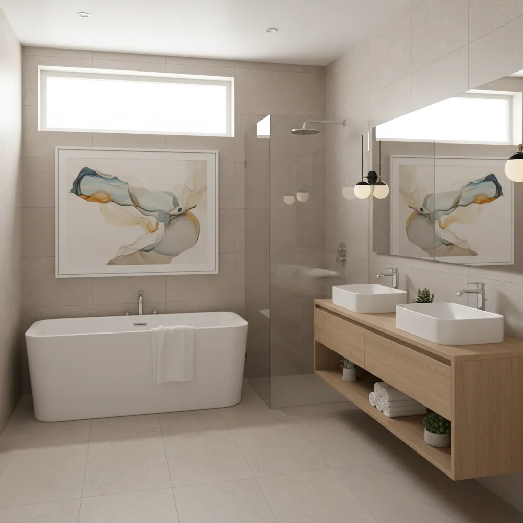 Stylish bathroom interior with framed acrylic wall art above bathtub