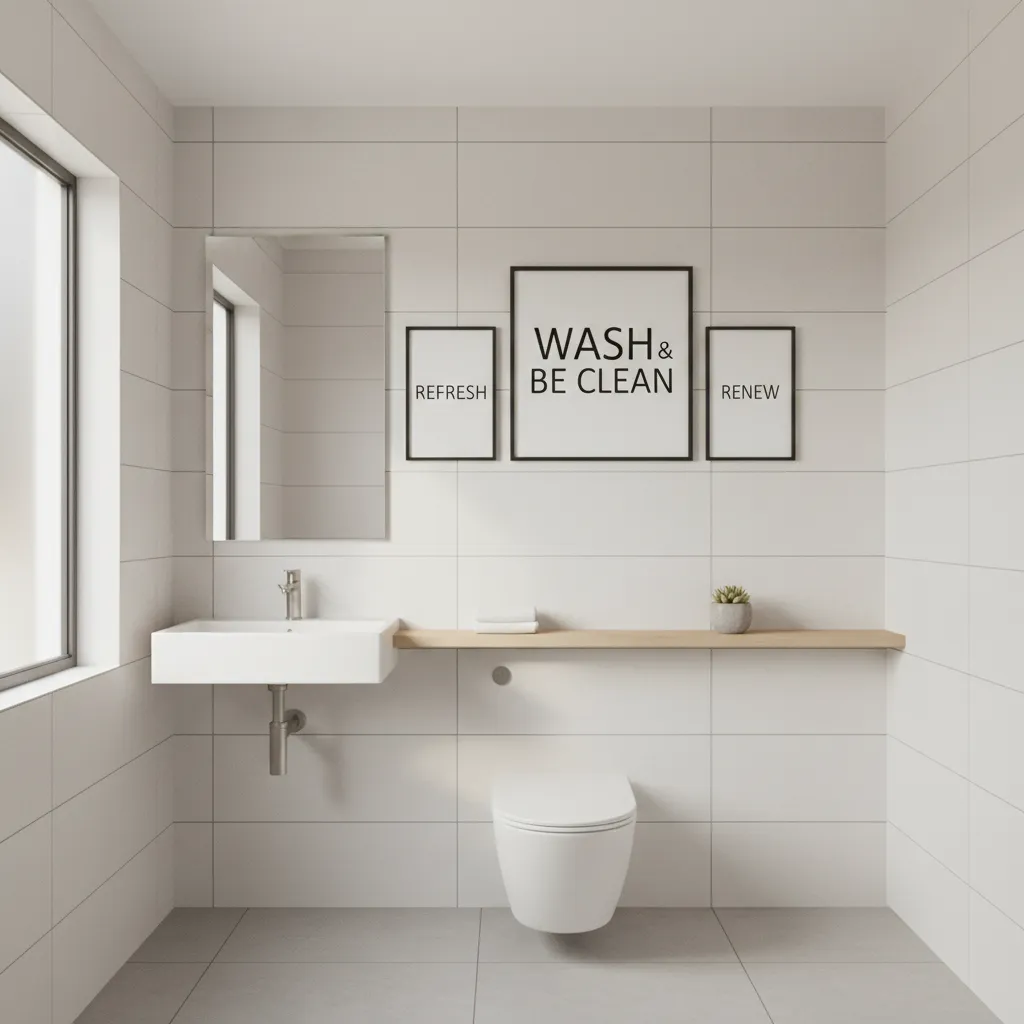 Bathroom rules wall decor placed above toilet for balanced layout