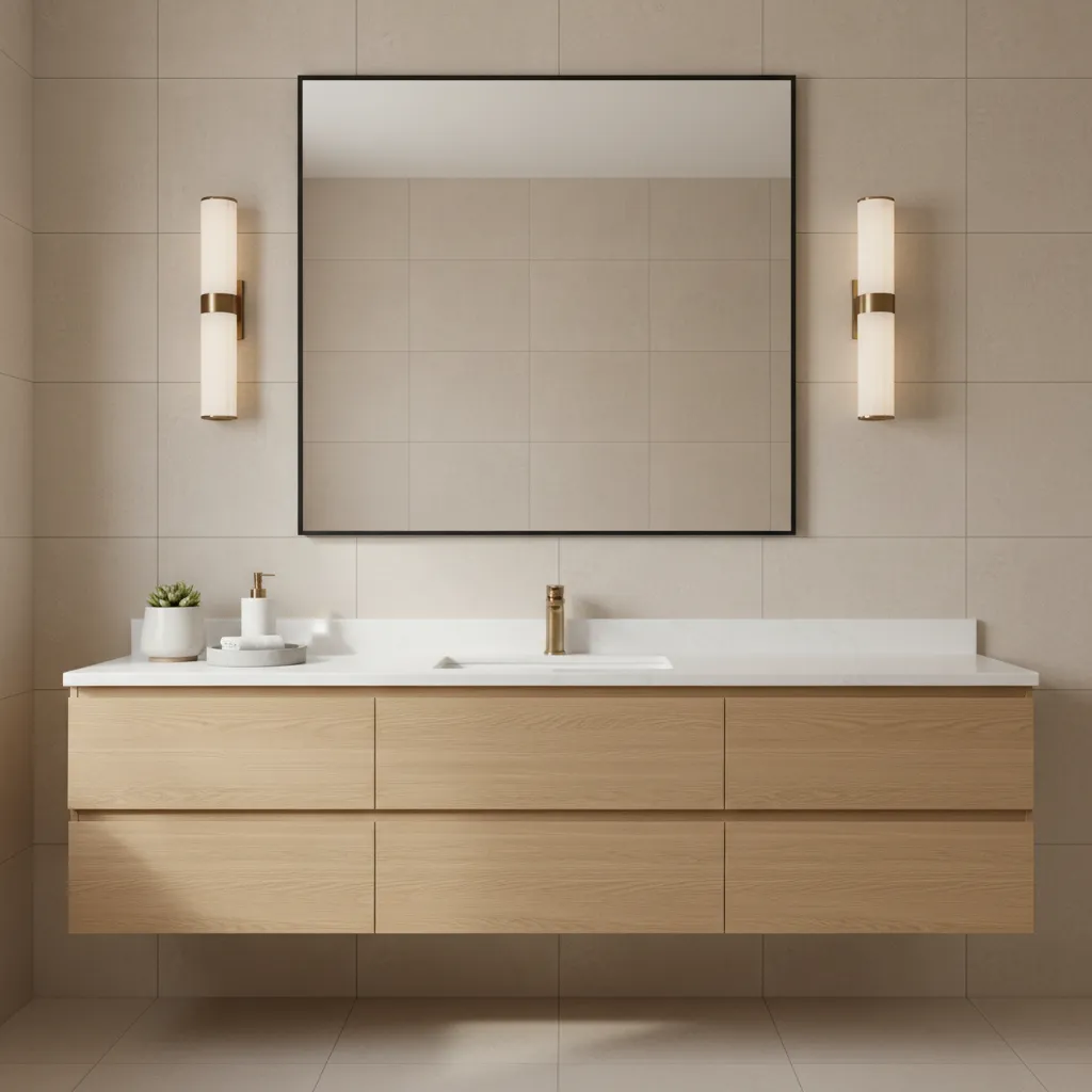 bathroom wall elevation layout with vanity mirror and lighting aligned