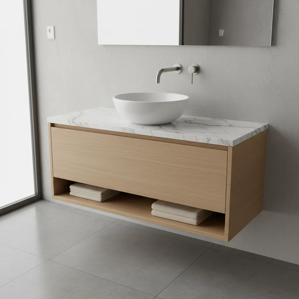 Wall mounted faucet installed above a vessel basin with visible height clearance