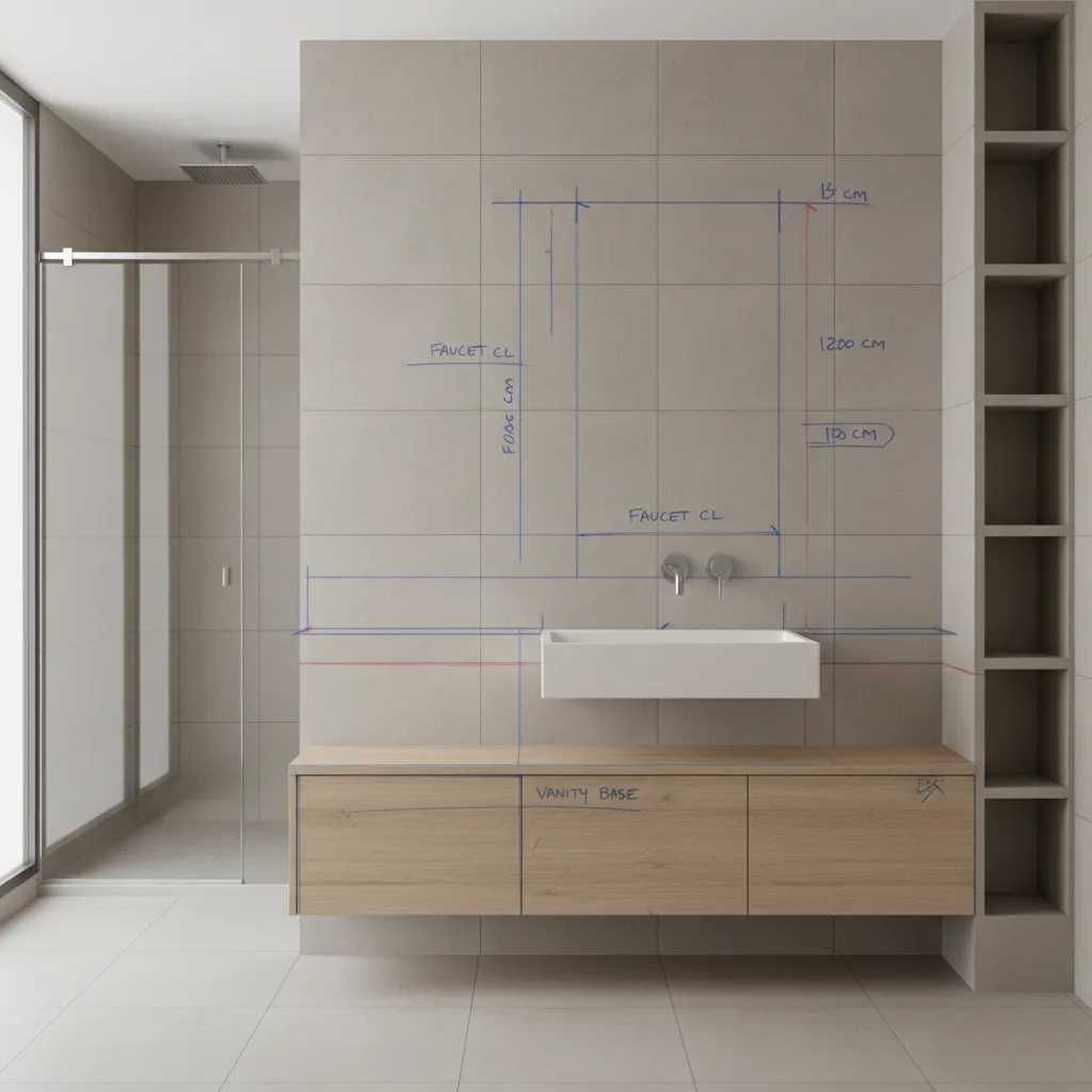 bathroom design planning showing wall mixer faucet placement above sink