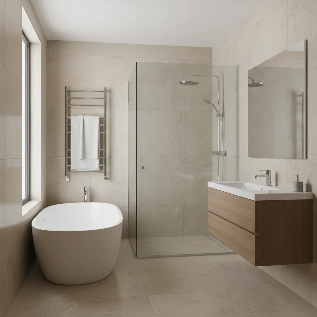 Wall mounted towel rack next to modern shower in a bright bathroom