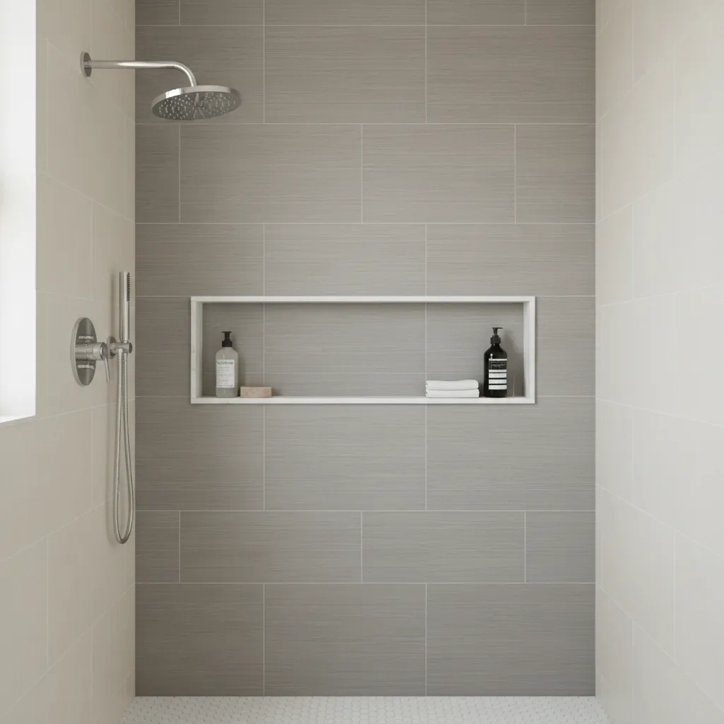 Modern shower with grey tiles white wall shelf holding soap bottles and two white towels