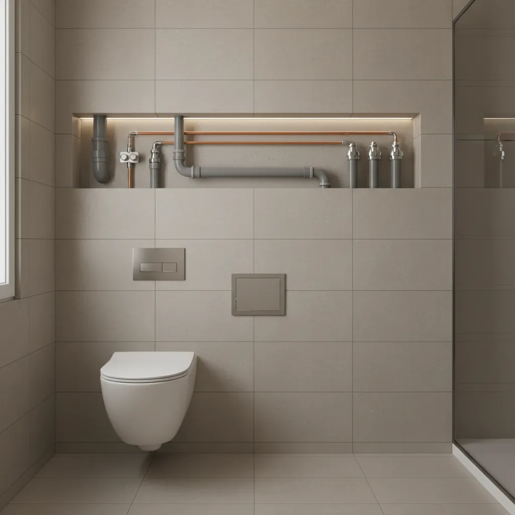 Bathroom plumbing access panel behind toilet for maintenance and leak detection
