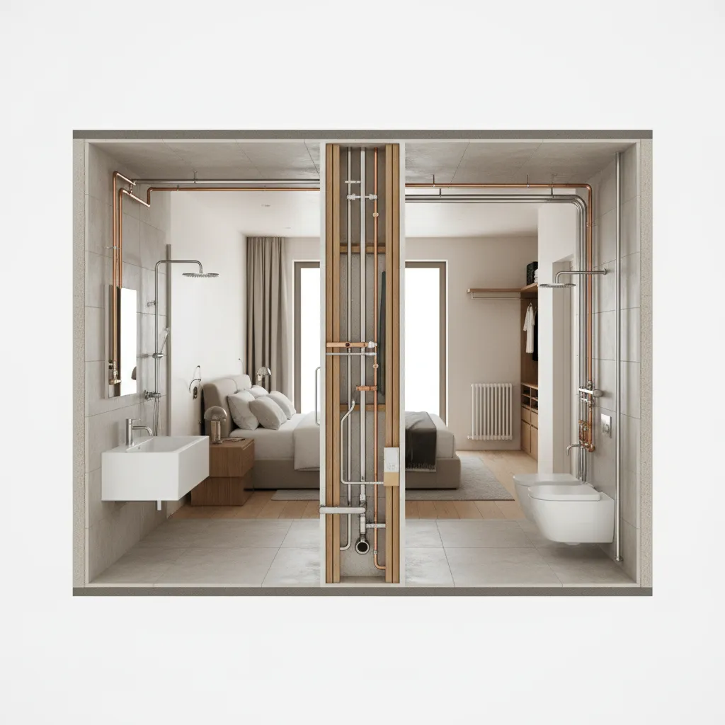 bathroom wall plumbing pathways connecting rooms where bed bugs may travel