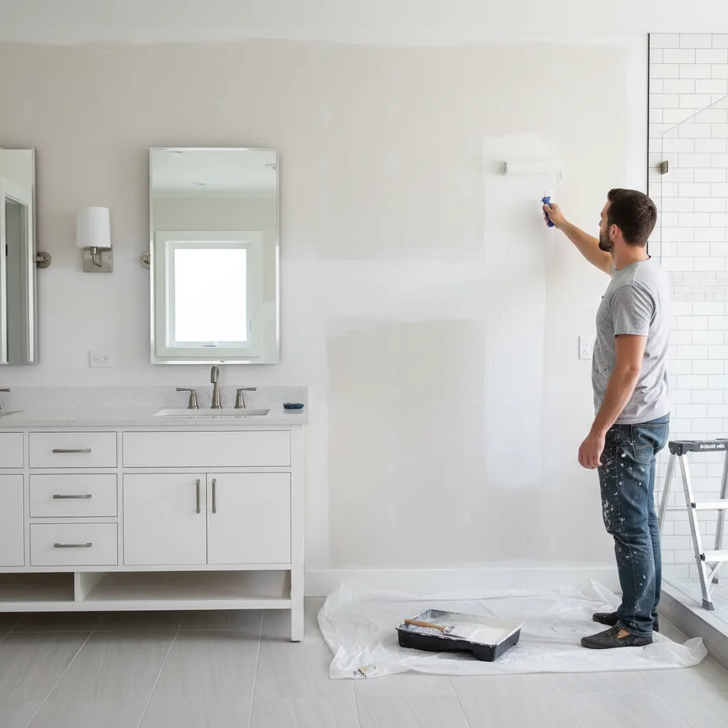 priming repaired drywall area in bathroom before applying paint