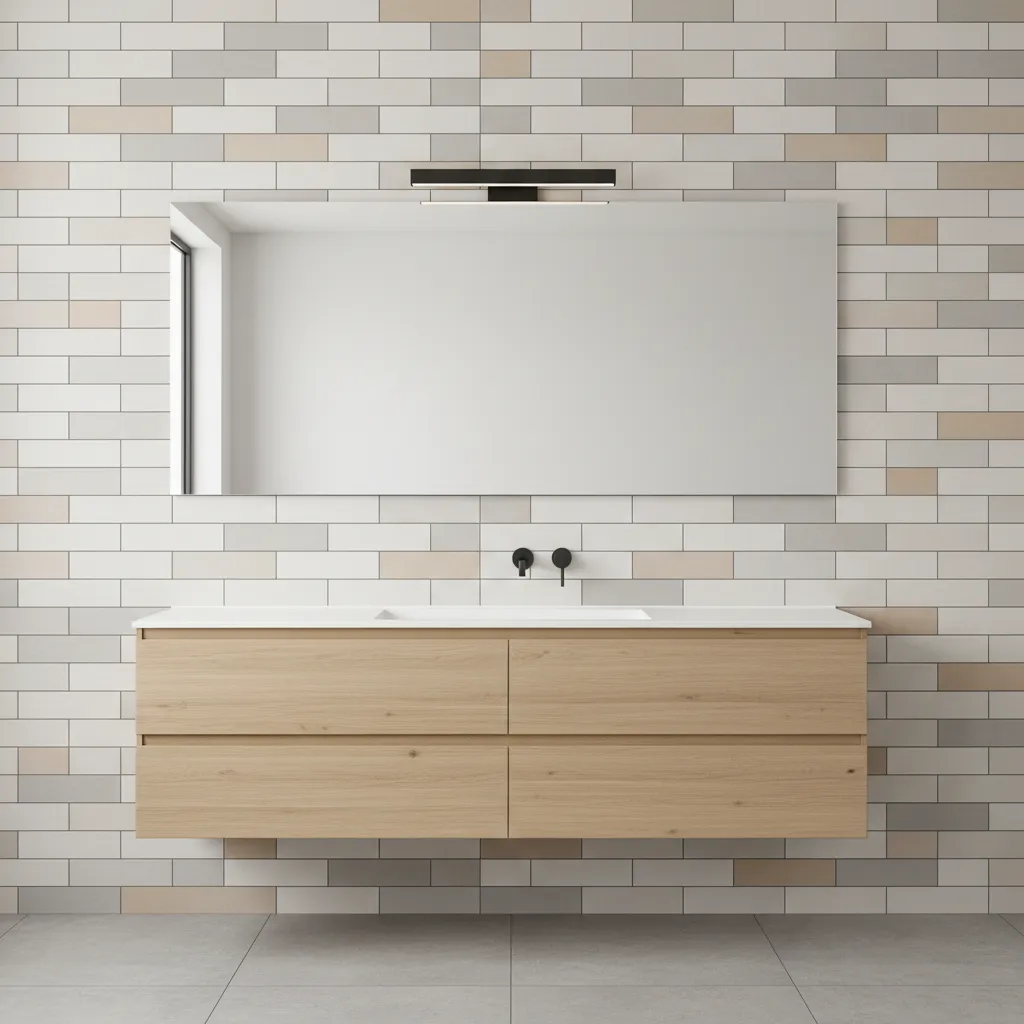 Contemporary bathroom wall with clean stacked white tiles and minimal fixtures