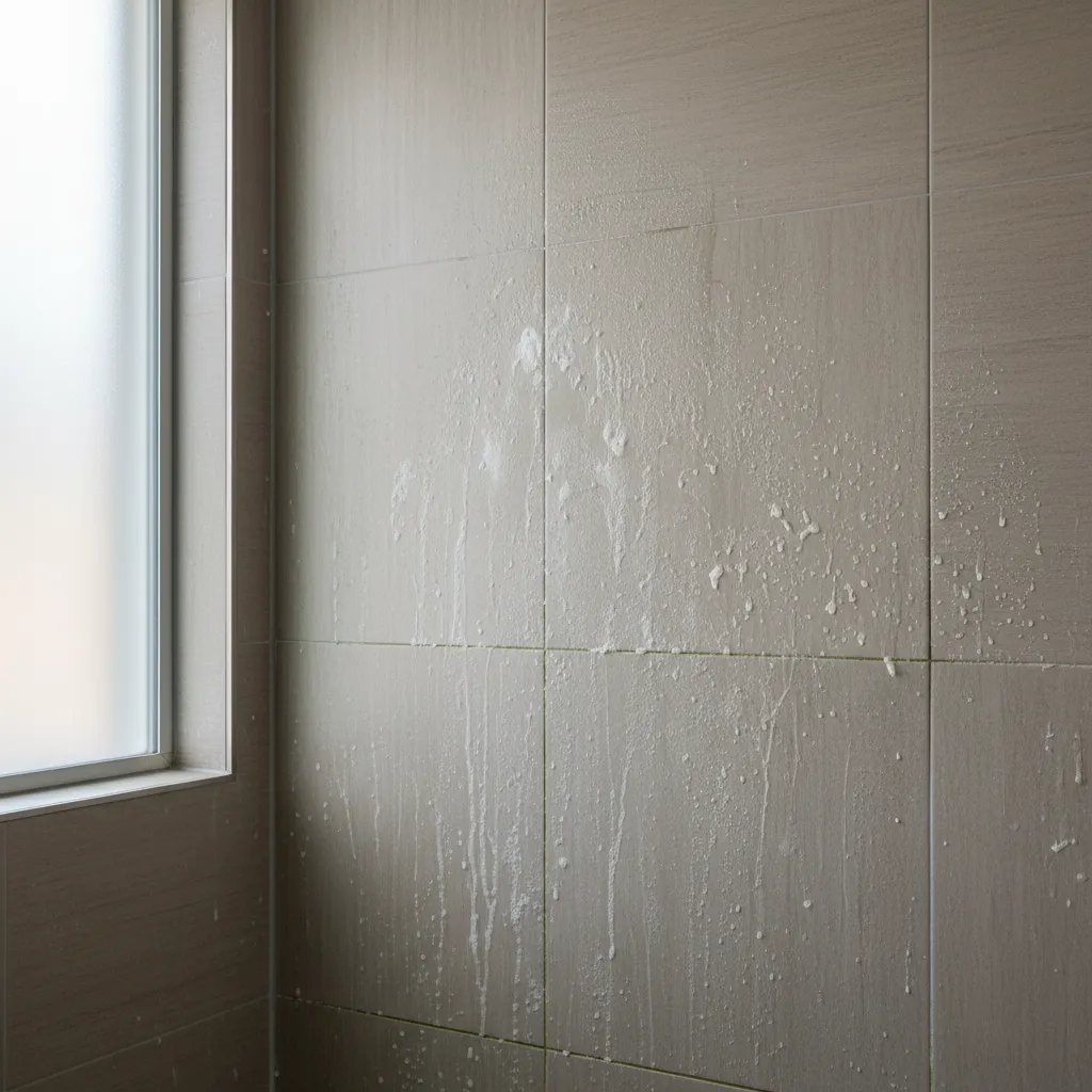 Bathroom wall tiles with visible soap scum buildup before cleaning