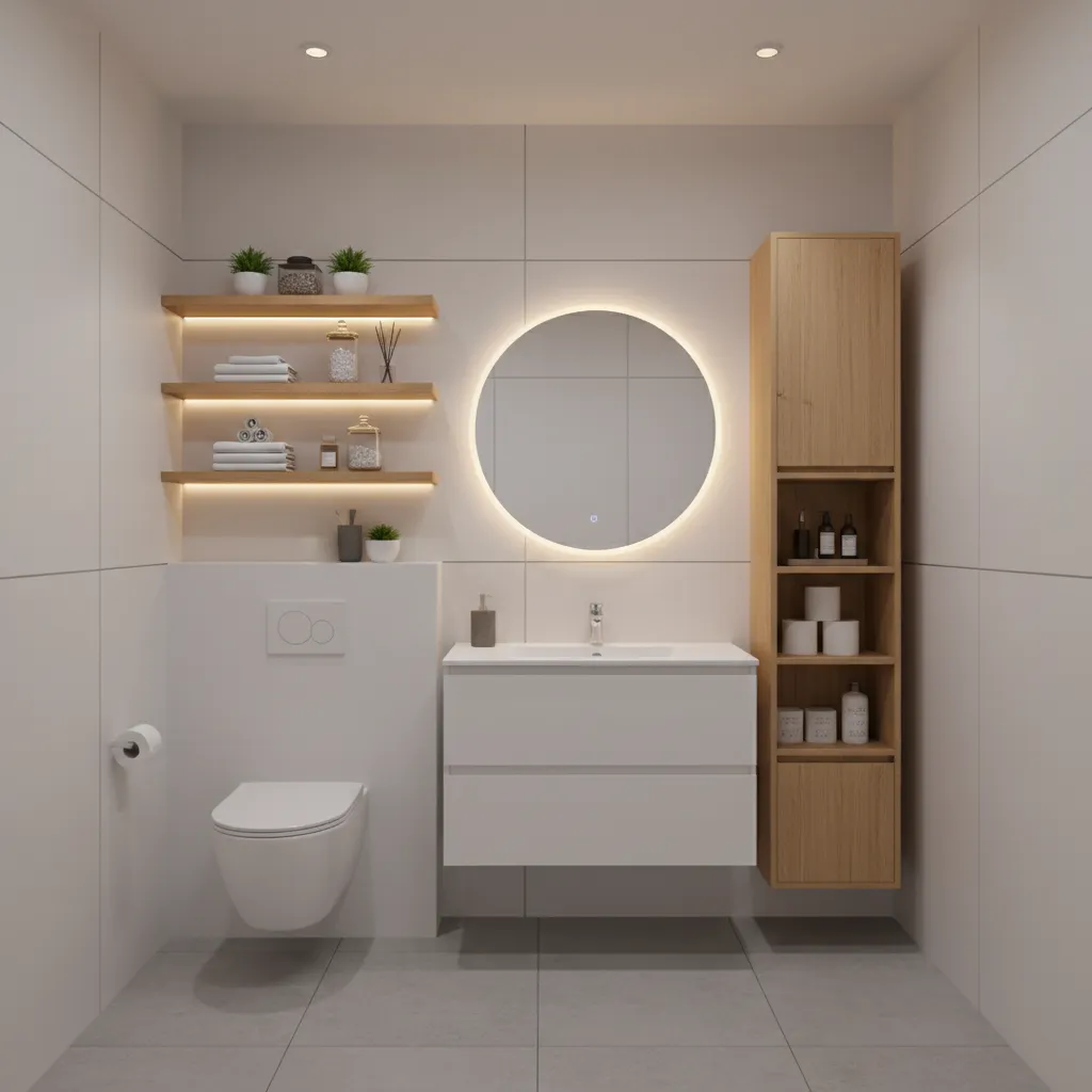 Illustration of best wall zones for storage in a small bathroom
