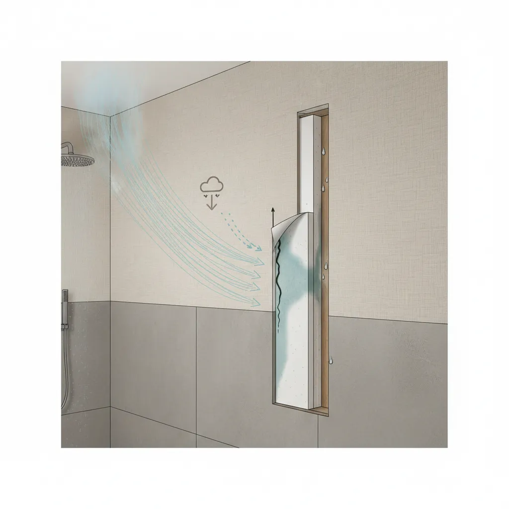 Bathroom wall diagram showing humidity entering wallpaper seams