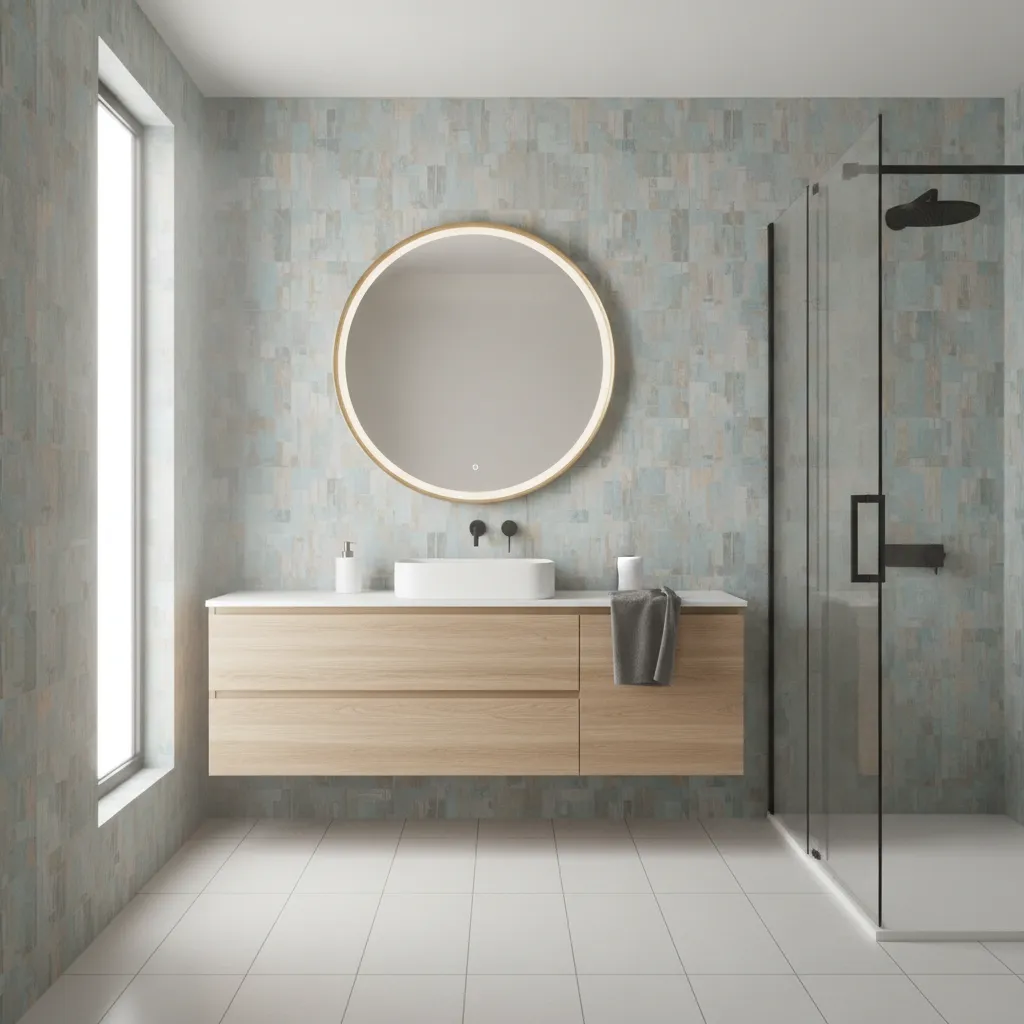 modern bathroom with wallpaper designed for humid environments