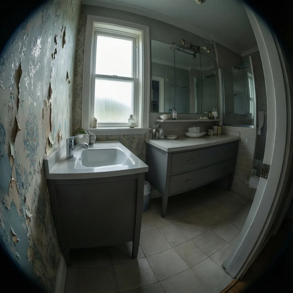 Bathroom wallpaper seam peeling near sink in humid coastal bathroom