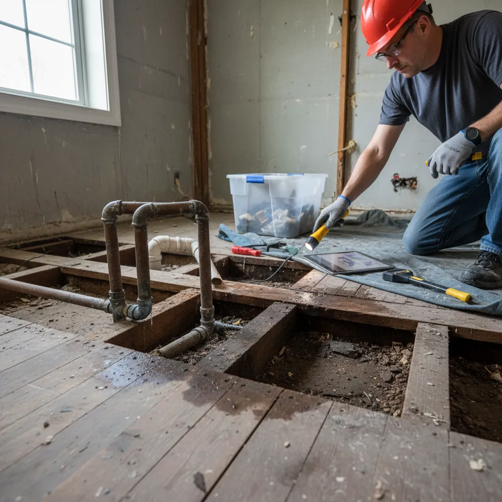 Water damage under bathroom floor caused by leaking bathtub plumbing