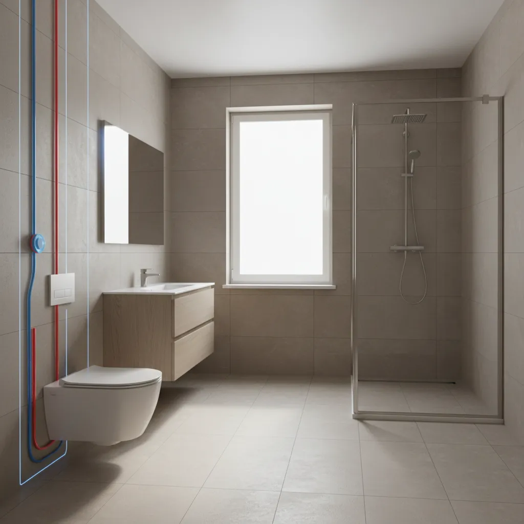 Modern bathroom with toilet sink and shower connected to shared plumbing lines