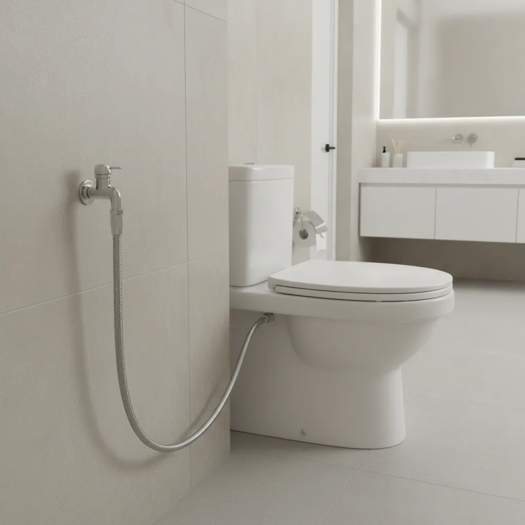 Bathroom plumbing supply pipe layout connecting toilet tank to wall valve