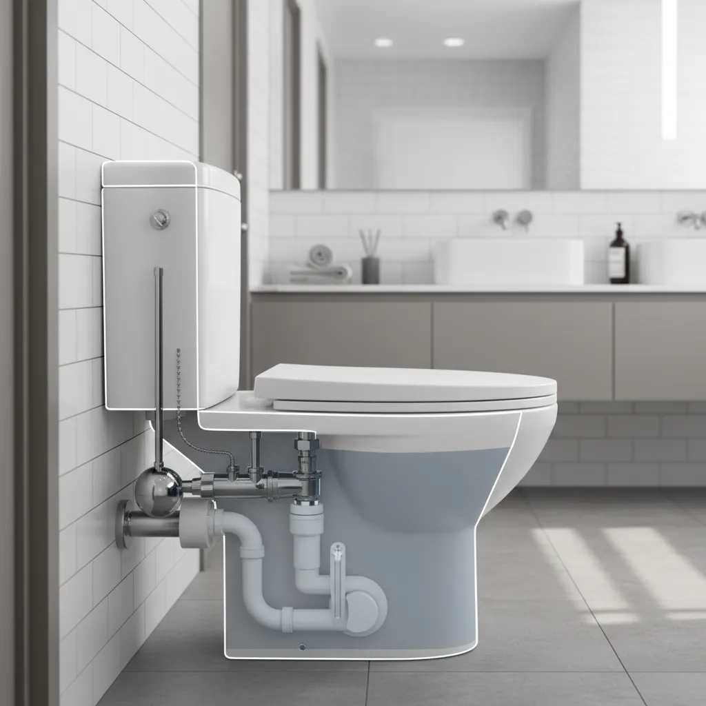 Bathroom toilet tank and plumbing diagram explaining water capacity and refill flow