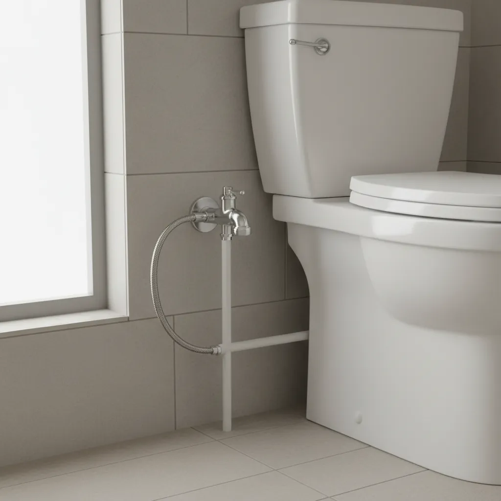 Bathroom toilet tank installation with visible plumbing supply line and shutoff valve