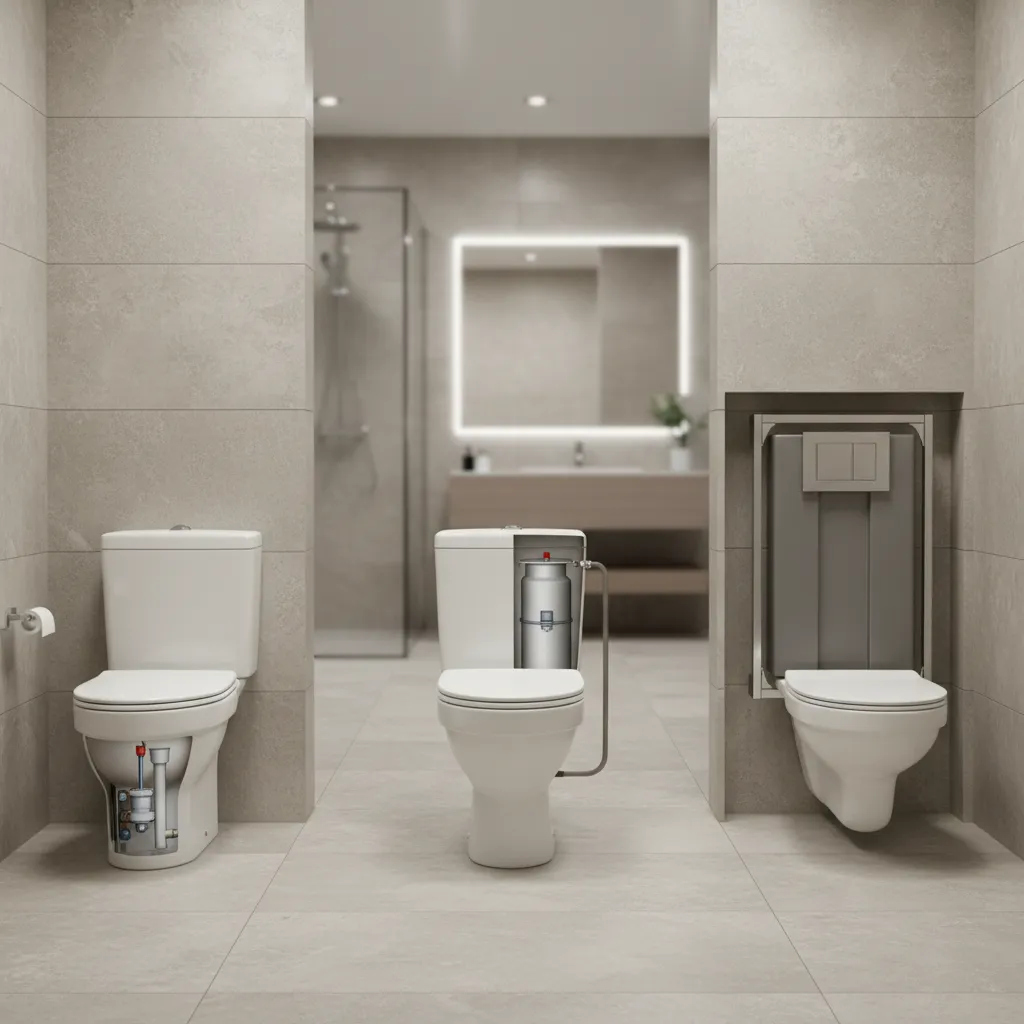 Different bathroom toilet tank types including gravity tank pressure assisted and concealed tank