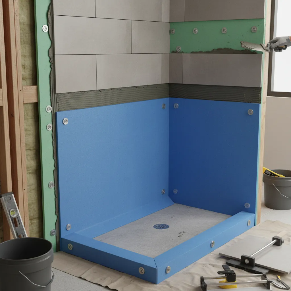 Bathroom waterproof membrane installed beneath tile in shower wall system