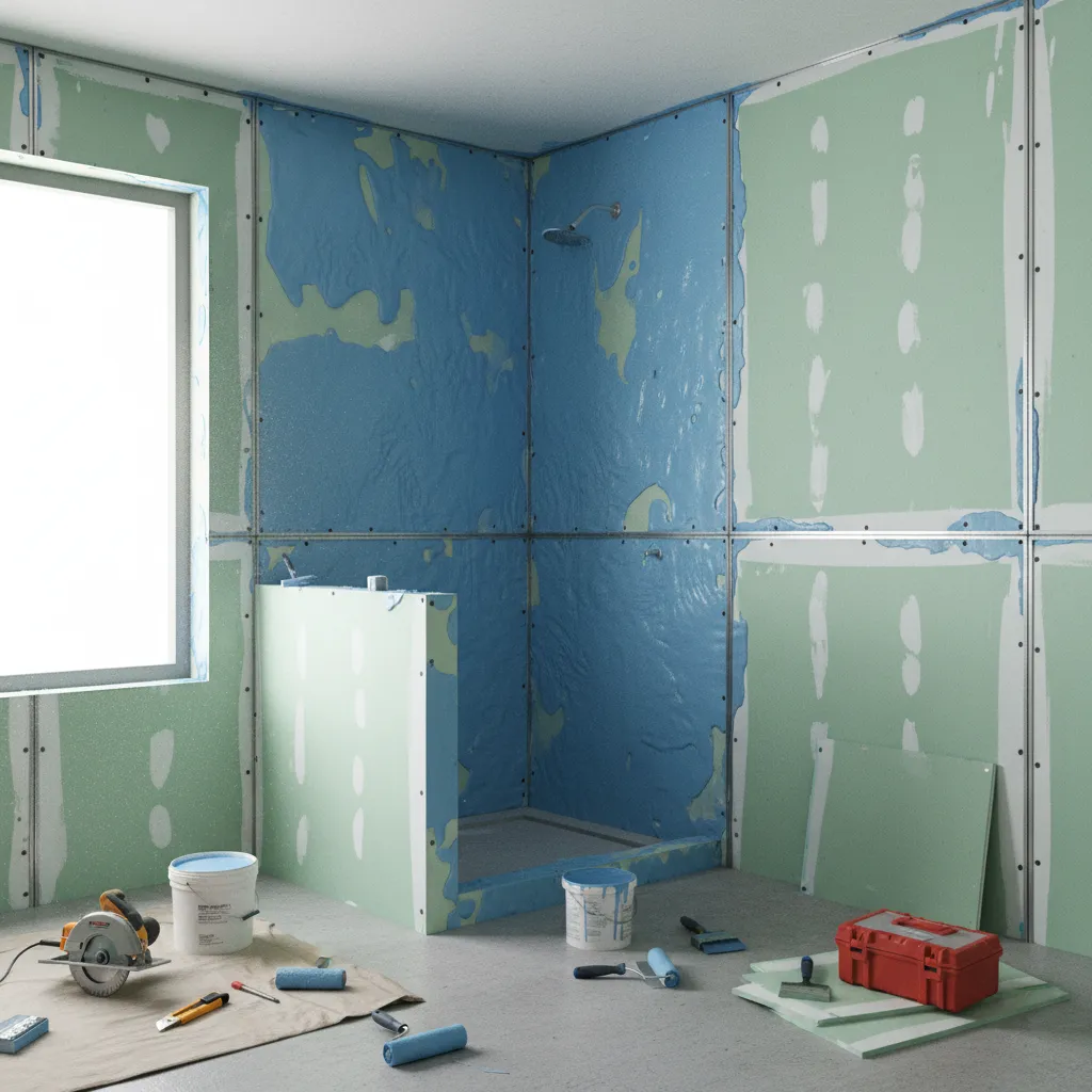 Liquid waterproof membrane applied over gypsum board seams in bathroom