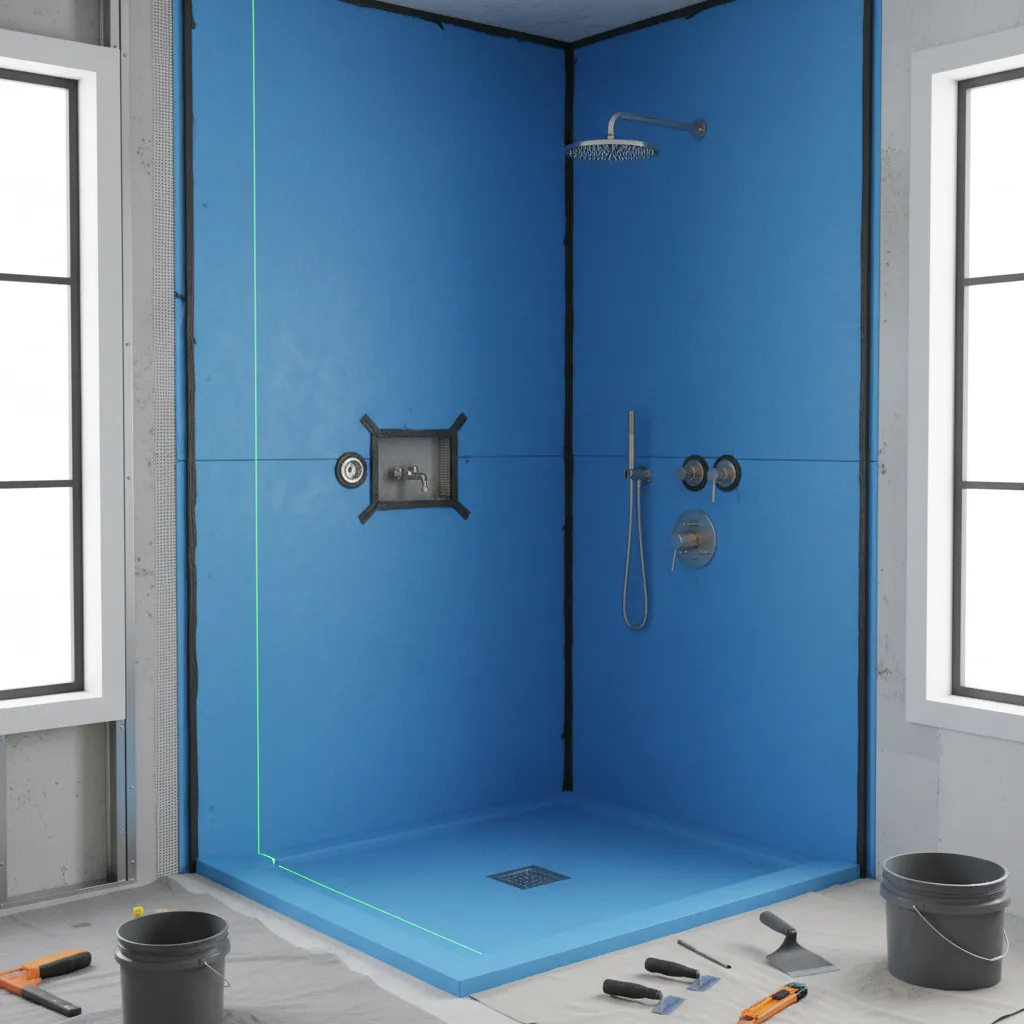 bathroom shower wall with visible waterproof membrane system before tile installation