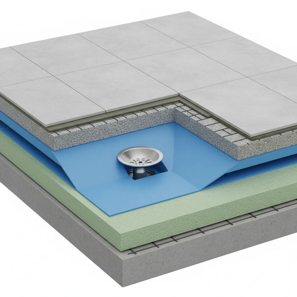 Bathroom floor cross section showing waterproof membrane under tiles