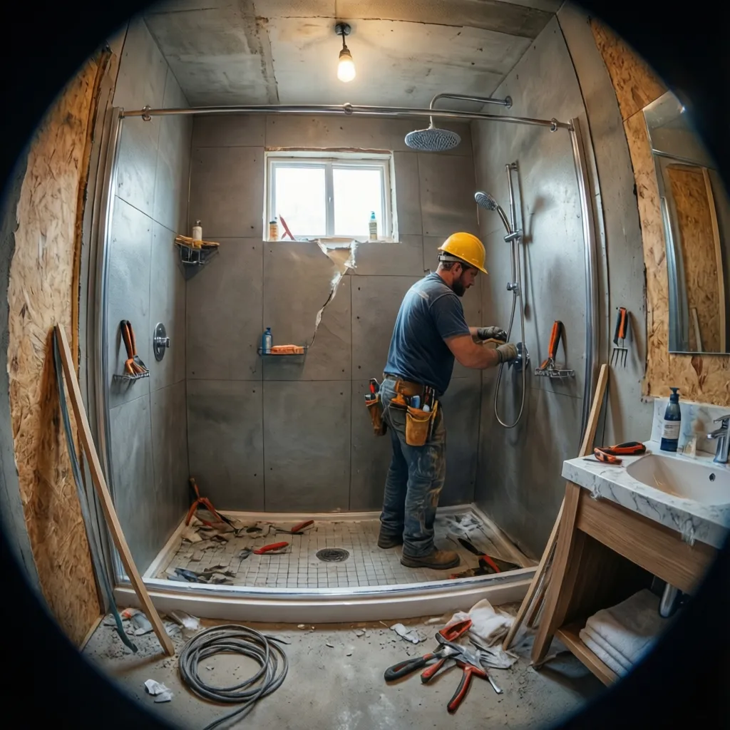 Contractor installing waterproof membrane in shower before tile installation