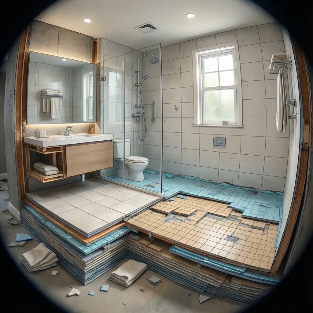 Bathroom waterproofing membrane installation beneath tiles