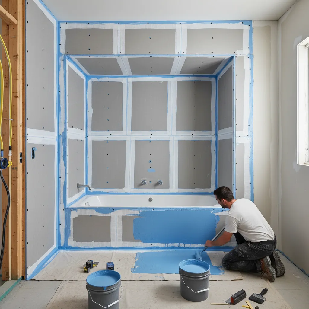 Waterproof membrane and backer board installed around bathtub area