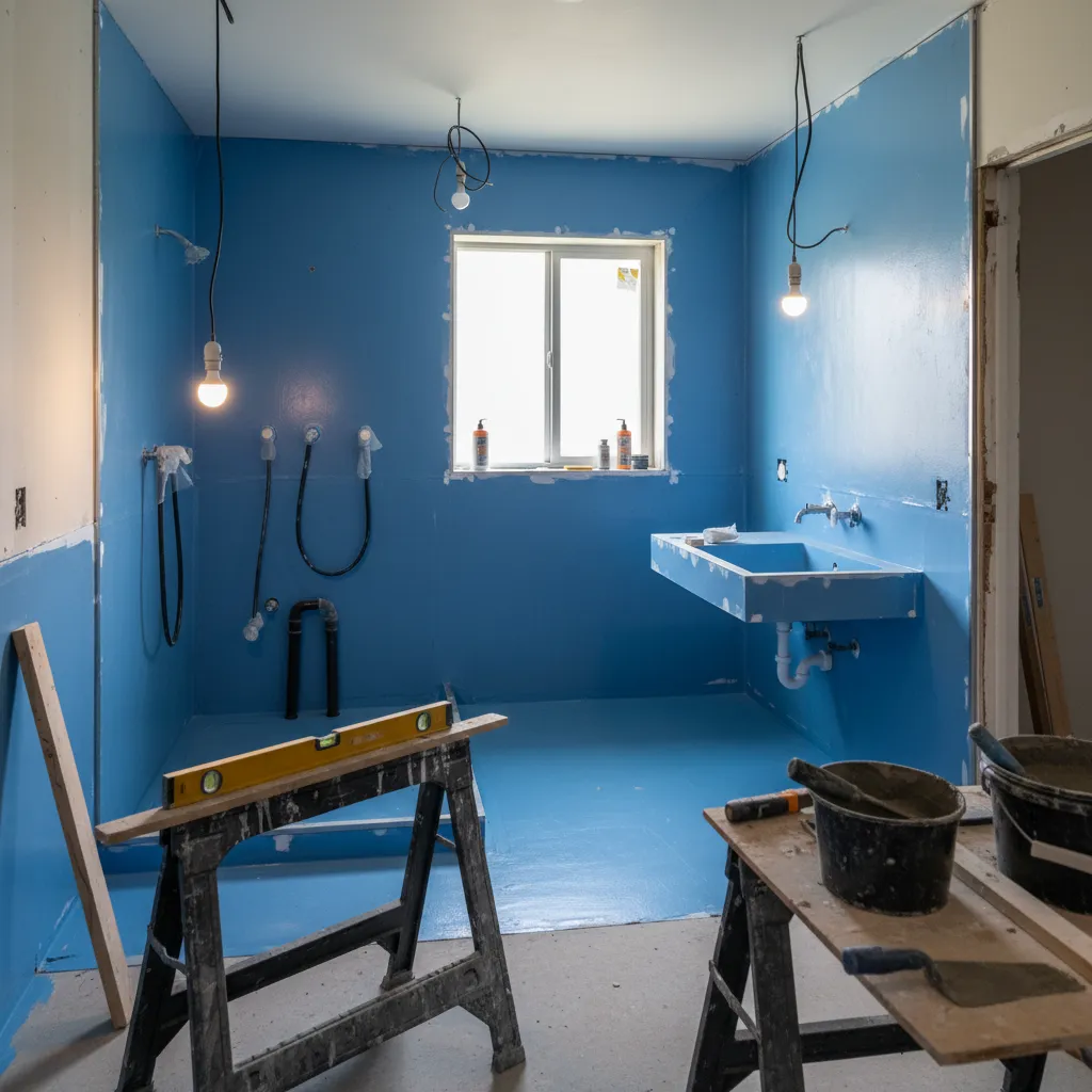 Bathroom waterproofing membrane and plumbing protection layers