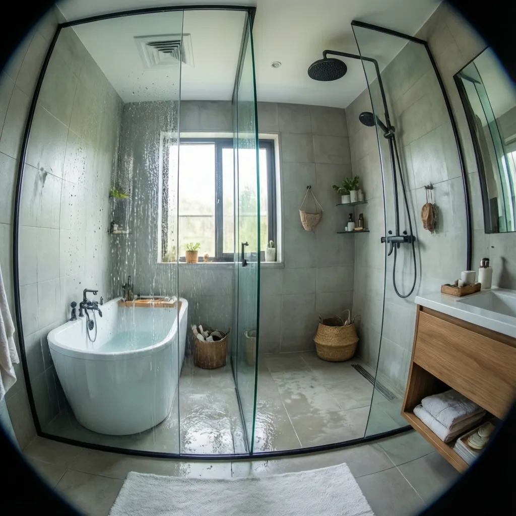 Modern bathroom layout with glass wall separating a white bathtub and a black shower head