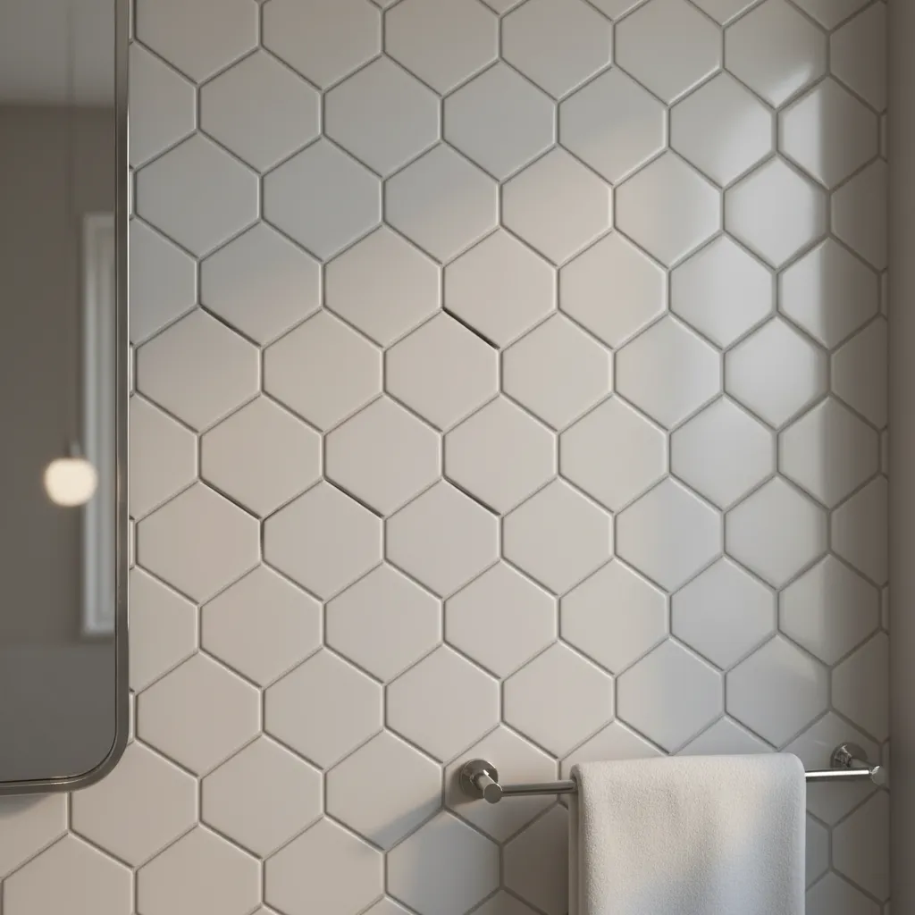 Close view of white bubble tiles used on a bathroom wall with soft lighting