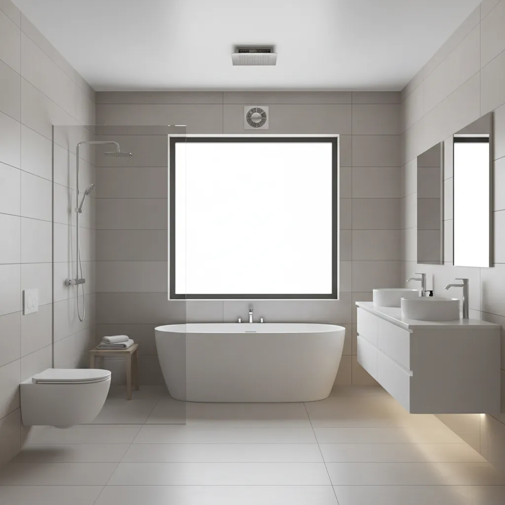 bathroom window with exhaust fan above frame in modern bathroom