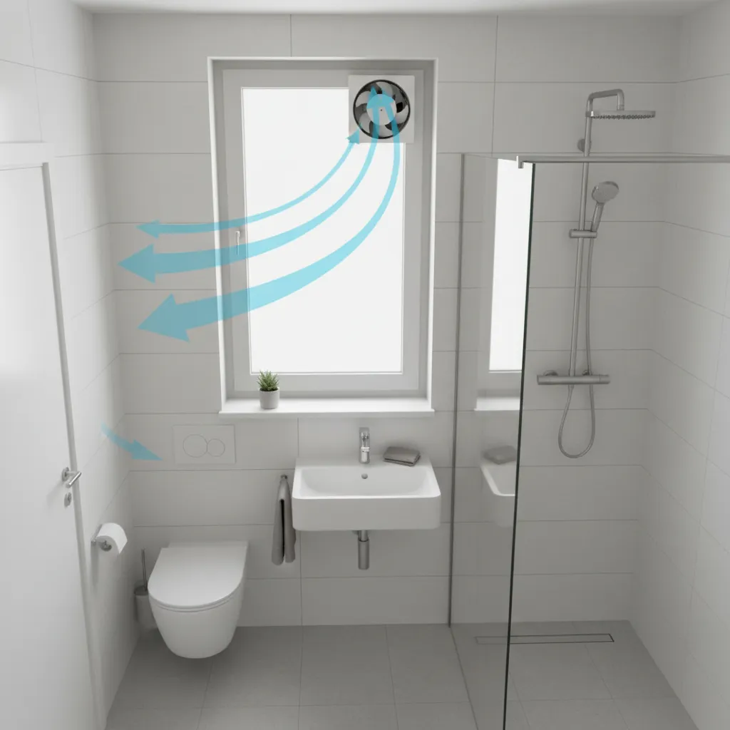 layout showing exhaust fan placement in small bathroom window ventilator