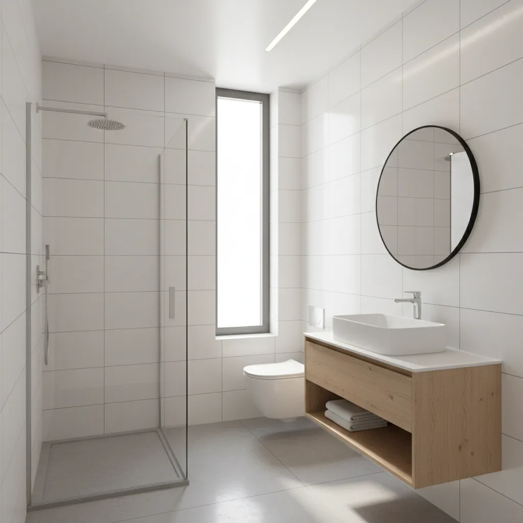 Small bathroom with high window bringing natural light