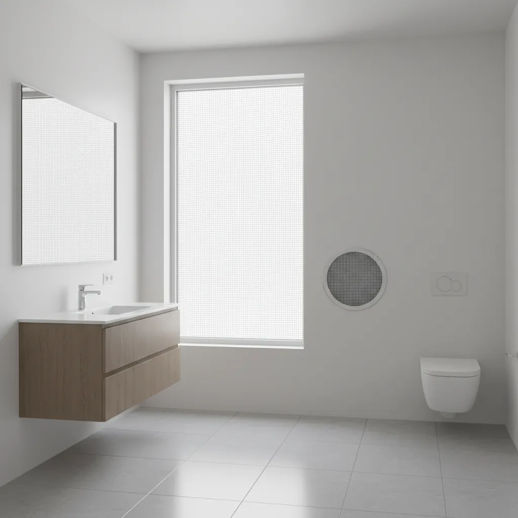 bathroom window screen and vent cover protecting interior from mosquitoes