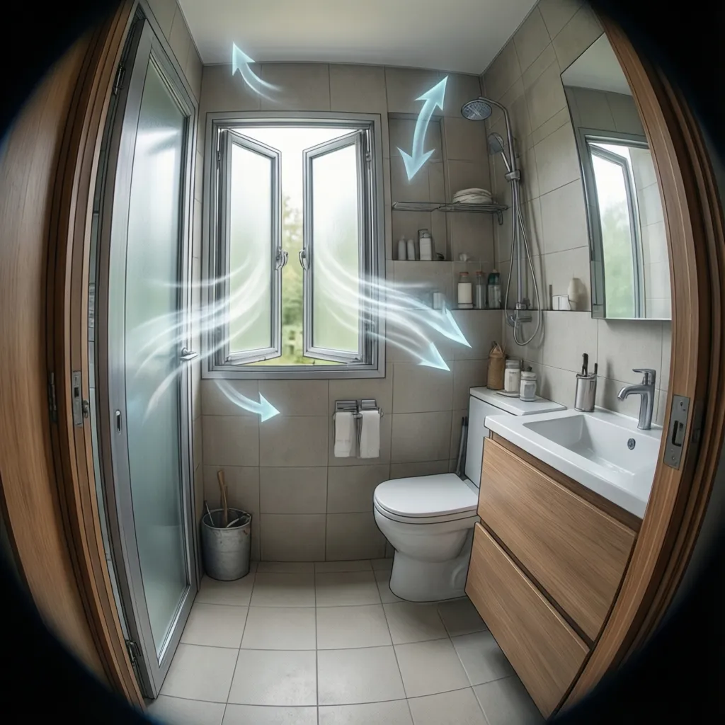 Bathroom airflow path showing ventilation through window and door gap
