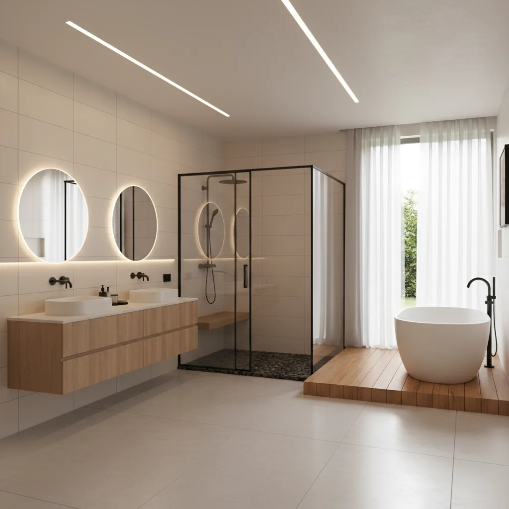 large bathroom zoning layout showing vanity shower and tub zones