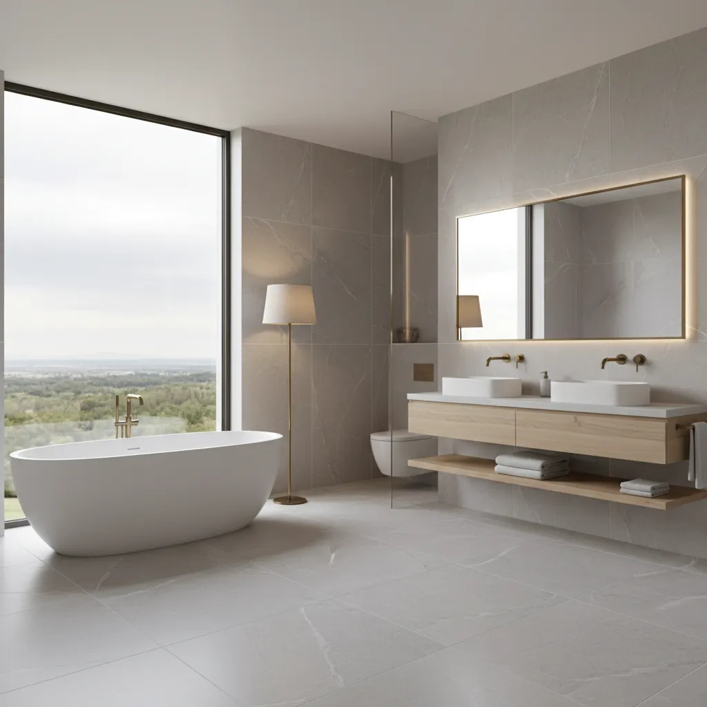 Modern grey bathroom featuring white bathtub large window wooden double sink vanity and lighted mirror