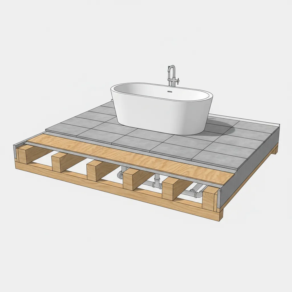 Bathroom floor framing diagram showing bathtub load distribution across joists
