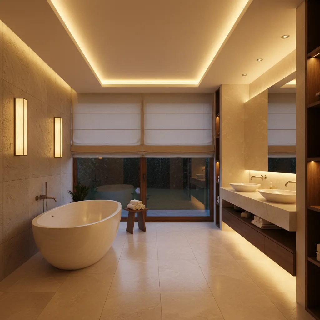 Bathtub area with layered lighting and spa style design