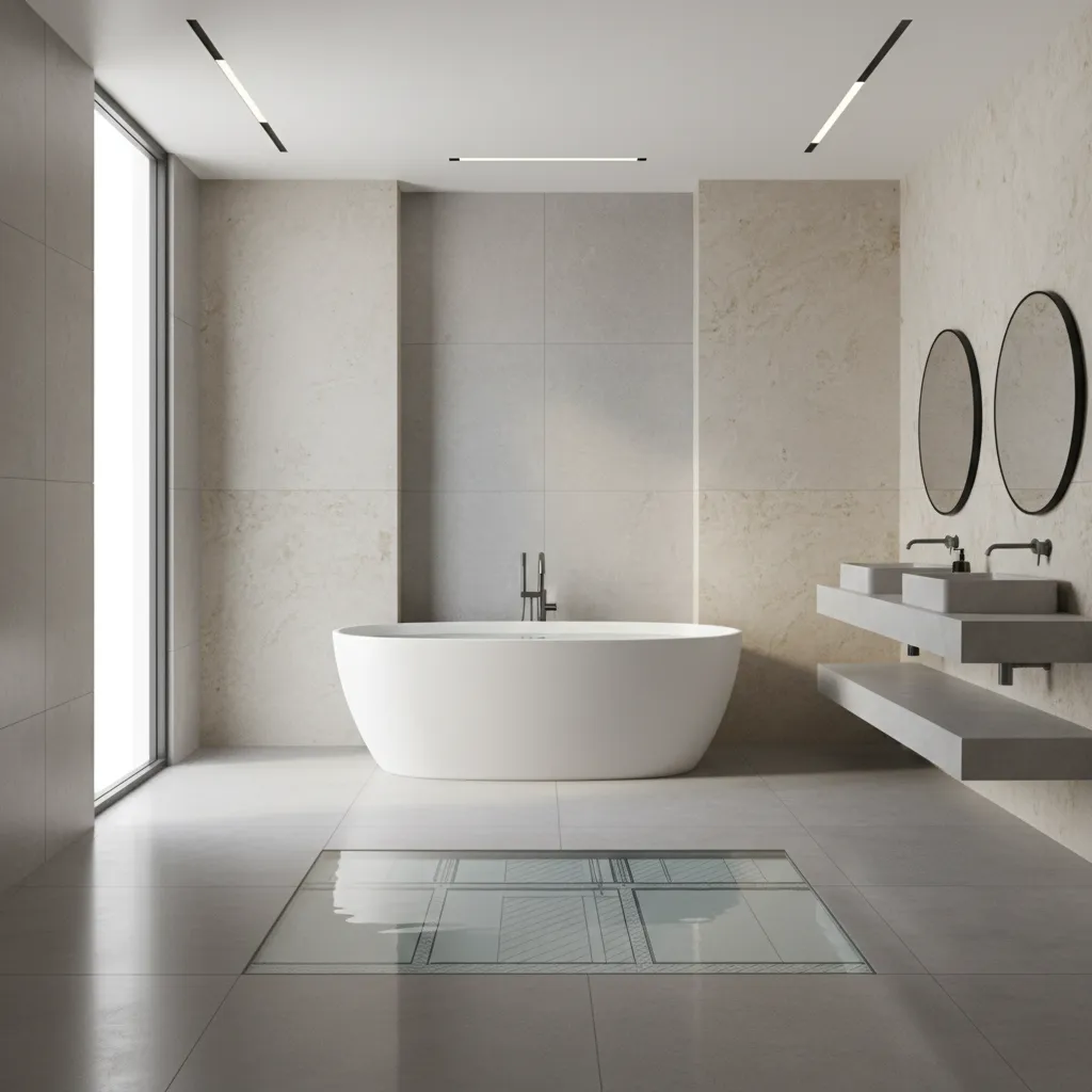 Freestanding bathtub filled with water on tiled bathroom floor showing heavy fixture load
